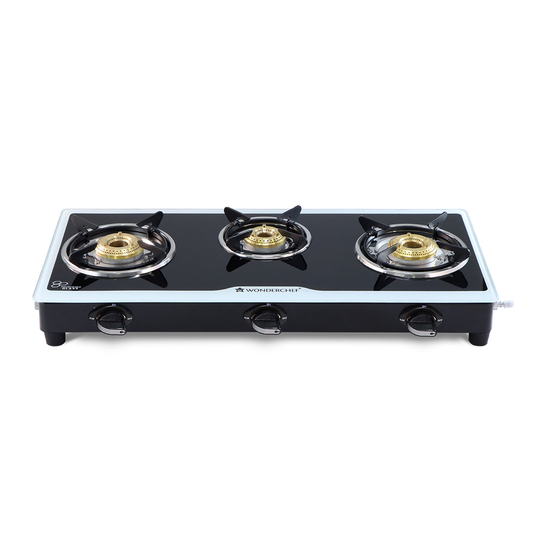 Platinum 3 Burner Manual Glass Gas Stove | 6mm Toughened Glass Gas Stove | Stainless Steel Drip tray | Anti-Skid Legs | Large Pan support | Manual Ignition | Black steel frame | 2 Year Warranty | Black