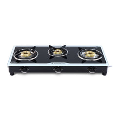 Platinum 3 Burner Manual Glass Gas Stove | 6mm Toughened Glass Gas Stove | Stainless Steel Drip tray | Anti-Skid Legs | Large Pan support | Manual Ignition | Black steel frame | 2 Year Warranty | Black