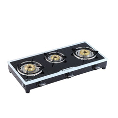 Platinum 3 Burner Manual Glass Gas Stove | 6mm Toughened Glass Gas Stove | Stainless Steel Drip tray | Anti-Skid Legs | Large Pan support | Manual Ignition | Black steel frame | 2 Year Warranty | Black