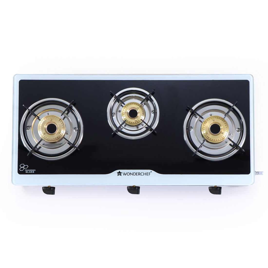 Platinum 3 Burner Manual Glass Gas Stove | 6mm Toughened Glass Gas Stove | Stainless Steel Drip tray | Anti-Skid Legs | Large Pan support | Manual Ignition | Black steel frame | 2 Year Warranty | Black