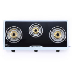 Platinum 3 Burner Manual Glass Gas Stove | 6mm Toughened Glass Gas Stove | Stainless Steel Drip tray | Anti-Skid Legs | Large Pan support | Manual Ignition | Black steel frame | 2 Year Warranty | Black