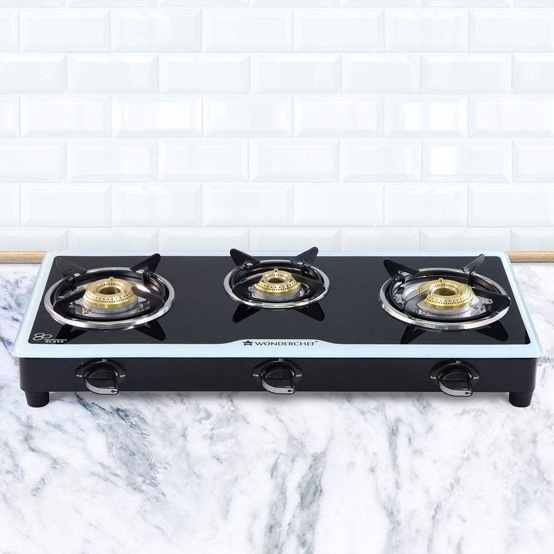Platinum 3 Burner Manual Glass Gas Stove | 6mm Toughened Glass Gas Stove | Stainless Steel Drip tray | Anti-Skid Legs | Large Pan support | Manual Ignition | Black steel frame | 2 Year Warranty | Black