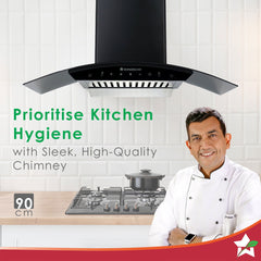 Power Curve Wall-Mount Chimney | Auto Clean Function | 1200M3/H | Suction Capacity | 3 Speed Motion| Gesture and Touch Control | Oil Collector | Low Noise | 90cms | Stainless Steel Baffle Filter | Black