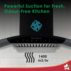 Power Curve Wall-Mount Chimney | Auto Clean Function | 1200M3/H | Suction Capacity | 3 Speed Motion| Gesture and Touch Control | Oil Collector | Low Noise | 90cms | Stainless Steel Baffle Filter | Black