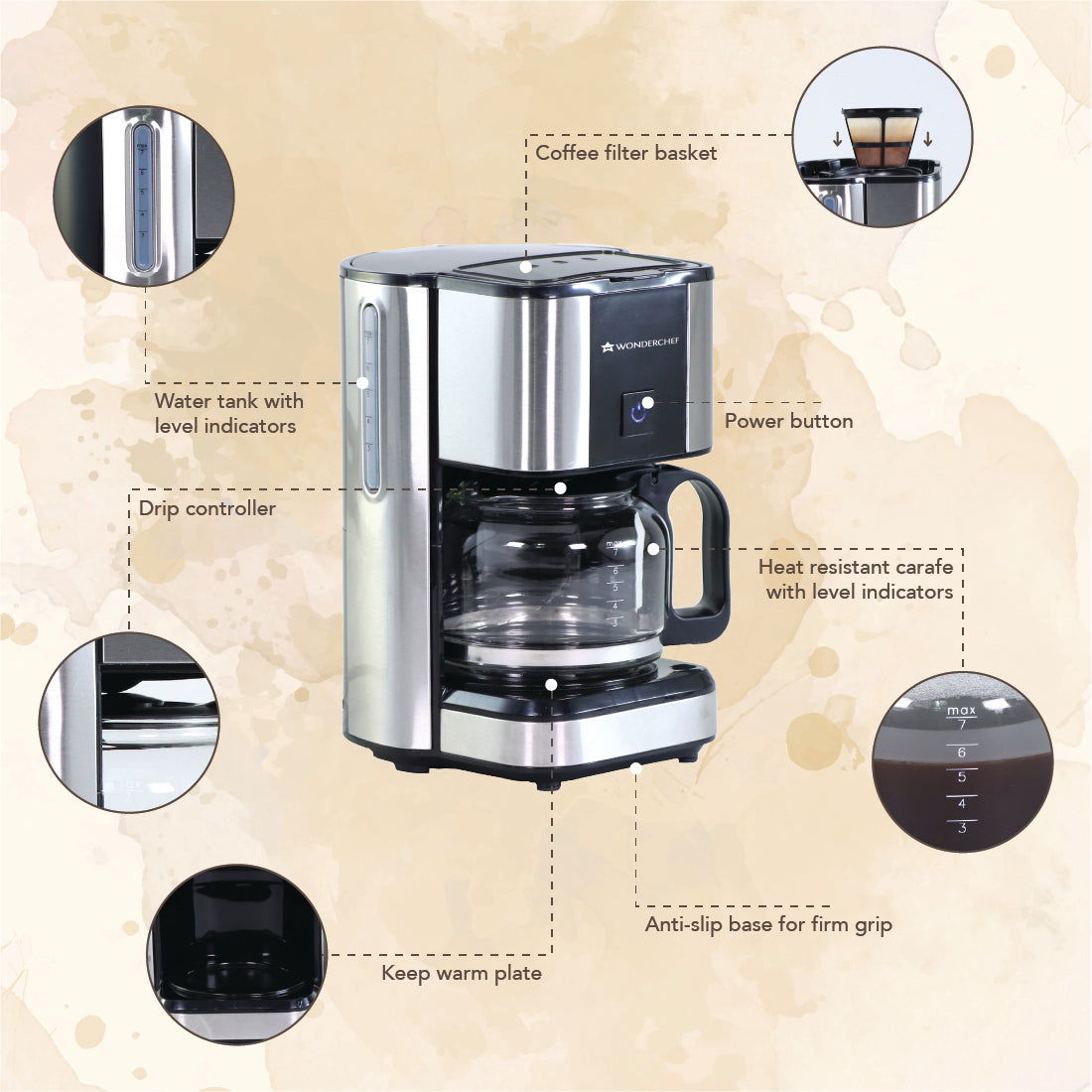 Regalia Brew Coffee Maker 550 W | Stainless Steel Body | 700ml Borosilicate Glass Carafe | Auto Shut Off | Removable Cone Filter | 7 Cups Coffee | Perfect Gifting Option | Black & Silver | 2 Year Warranty