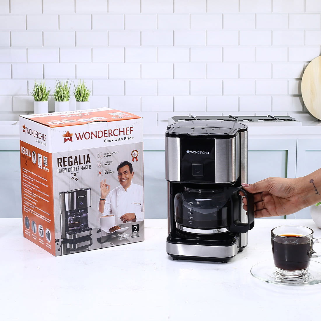 Regalia Brew Coffee Maker 550 W | Stainless Steel Body | 700ml Borosilicate Glass Carafe | Auto Shut Off | Removable Cone Filter | 7 Cups Coffee | Perfect Gifting Option | Black & Silver | 2 Year Warranty