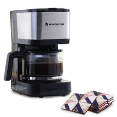 Regalia Pronto Brew Coffee Maker + Coaster Set Gift Combo | Drip Coffee | 6 Cups Coffee | 750 ml Borosilicate Glass Carafe with Hot Plate | Anti - Drip|Auto Shut Off | Reusable Conical Filter | 600W | 2 Year Warranty