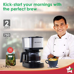 Regalia Pronto Brew Coffee Maker + Coaster Set Gift Combo | Drip Coffee | 6 Cups Coffee | 750 ml Borosilicate Glass Carafe with Hot Plate | Anti - Drip|Auto Shut Off | Reusable Conical Filter | 600W | 2 Year Warranty