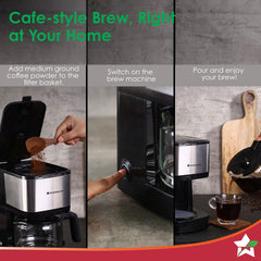 Regalia Pronto Brew Coffee Maker + Coaster Set Gift Combo | Drip Coffee | 6 Cups Coffee | 750 ml Borosilicate Glass Carafe with Hot Plate | Anti - Drip|Auto Shut Off | Reusable Conical Filter | 600W | 2 Year Warranty