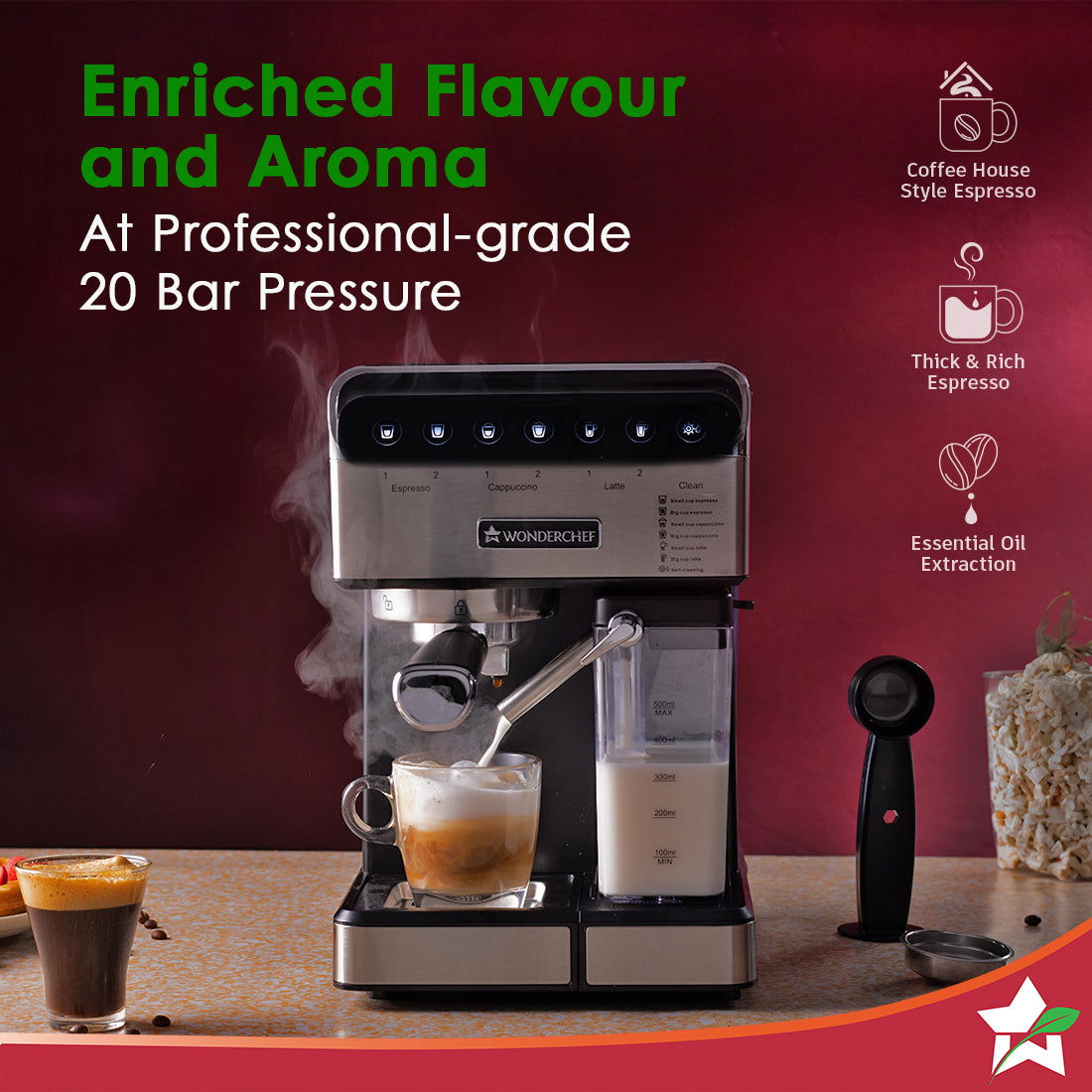 Regenta 20 Bar Automatic Coffee Maker | Espresso, Cappuccino, Latte, Mocha | Auto Frothing | Built-in Milk container | 2 Thermostats | 1.8L Water Tank | 1200W | 2 Year Warranty