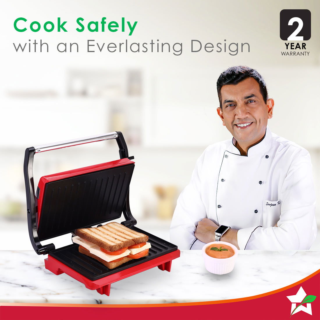 Sanjeev Kapoor Tandoor Mini| Crimson Edge Electric Contact Grill & Sandwich Maker| 3-in-1 Appliance| 700 Watt| Cool Touch Handle|LED Indicator|2 Year Warranty| Red