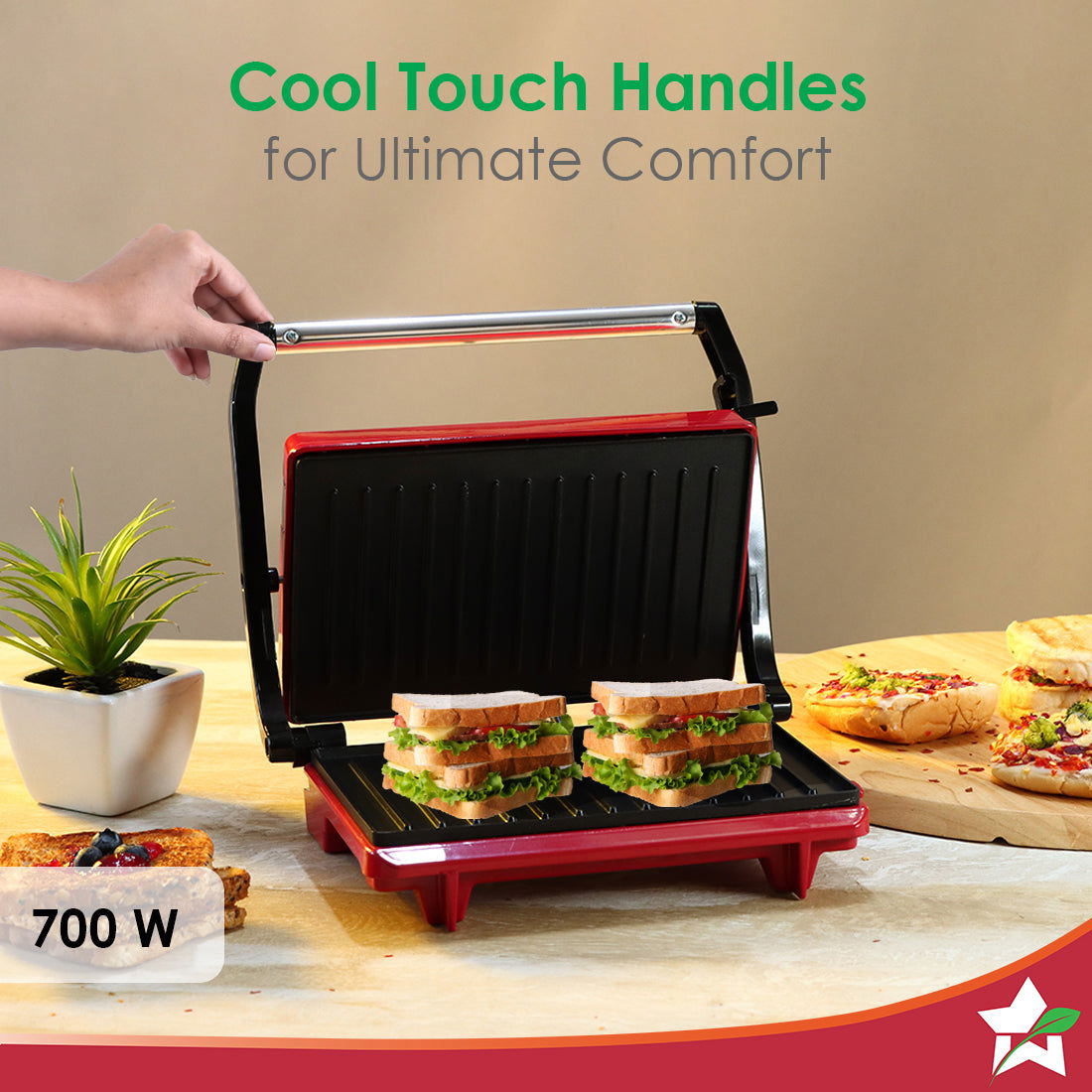 Sanjeev Kapoor Tandoor Mini| Crimson Edge Electric Contact Grill & Sandwich Maker| 3-in-1 Appliance| 700 Watt| Cool Touch Handle|LED Indicator|2 Year Warranty| Red
