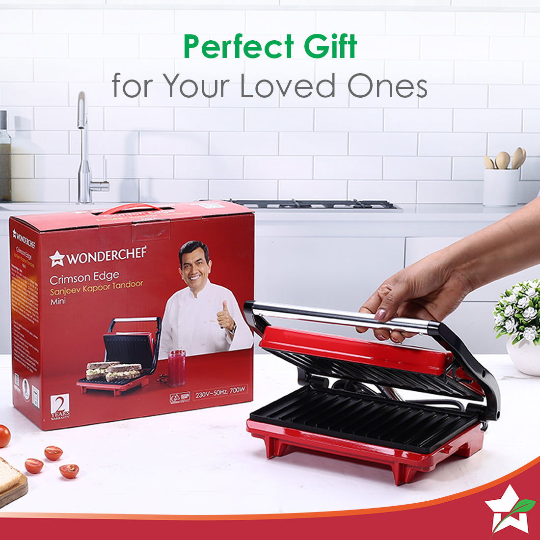 Sanjeev Kapoor Tandoor Mini| Crimson Edge Electric Contact Grill & Sandwich Maker| 3-in-1 Appliance| 700 Watt| Cool Touch Handle|LED Indicator|2 Year Warranty| Red
