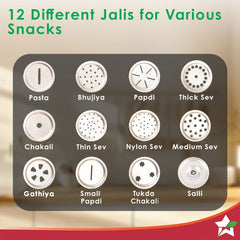 Snacks Maker with 12 different jalis, High-grade Stainless Stell Plates for making Sev, Bhujiya, Papdi, Gathiya, Murukku, Chakli, Kitchen Tool for making Namkeen Snacks, Farsan Maker