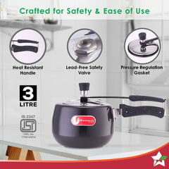 Taurus Hard Anodized 3L Inner Lid Pressure Cooker | Soft Touch Handles for Durability Induction Friendly | Black