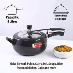Taurus Hard Anodized 5L Inner Lid Pressure Cooker, SS Lid, Cool Touch Handles for Durability, Induction Friendly, Black, 5 year warranty, ISI Certified