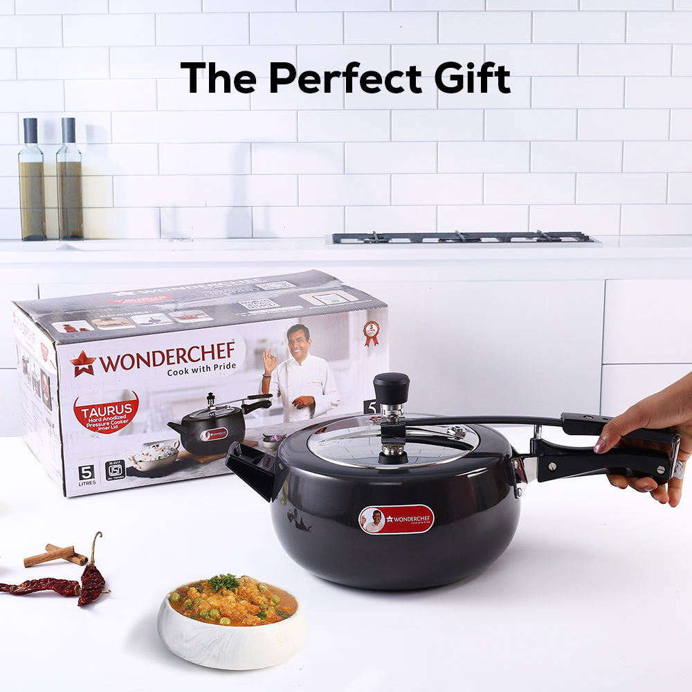 Taurus Hard Anodized 5L Inner Lid Pressure Cooker, SS Lid, Cool Touch Handles for Durability, Induction Friendly, Black, 5 year warranty, ISI Certified