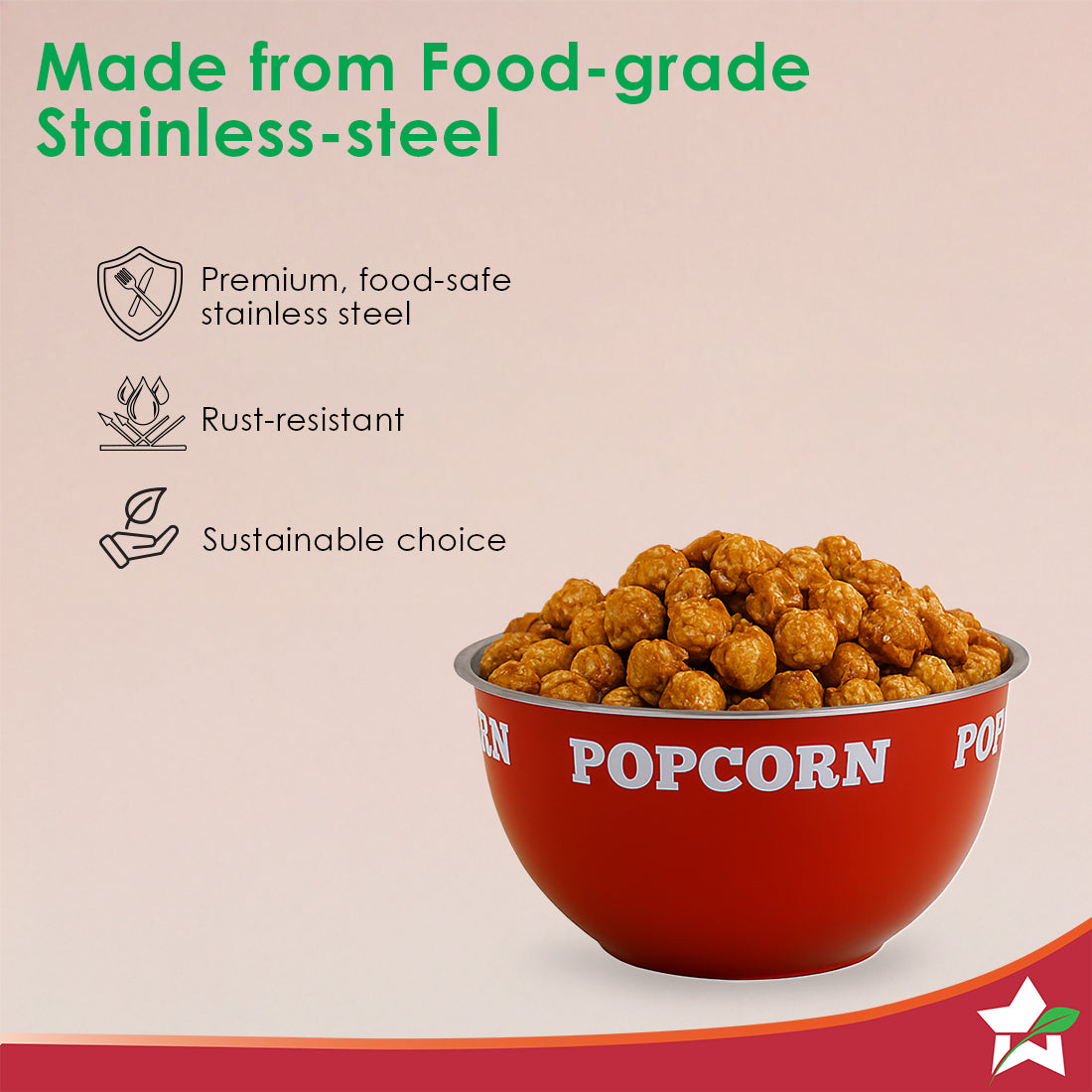 Ambrosia Stainless-steel Popcorn Bowl, 1.4 L, Dual-tone, Serve Chips, Snacks, Fruits or Use for Mixing/Storing, Ideal for Movie Nights & Parties, Scratch-resistant, Red, 1-Yr Warranty