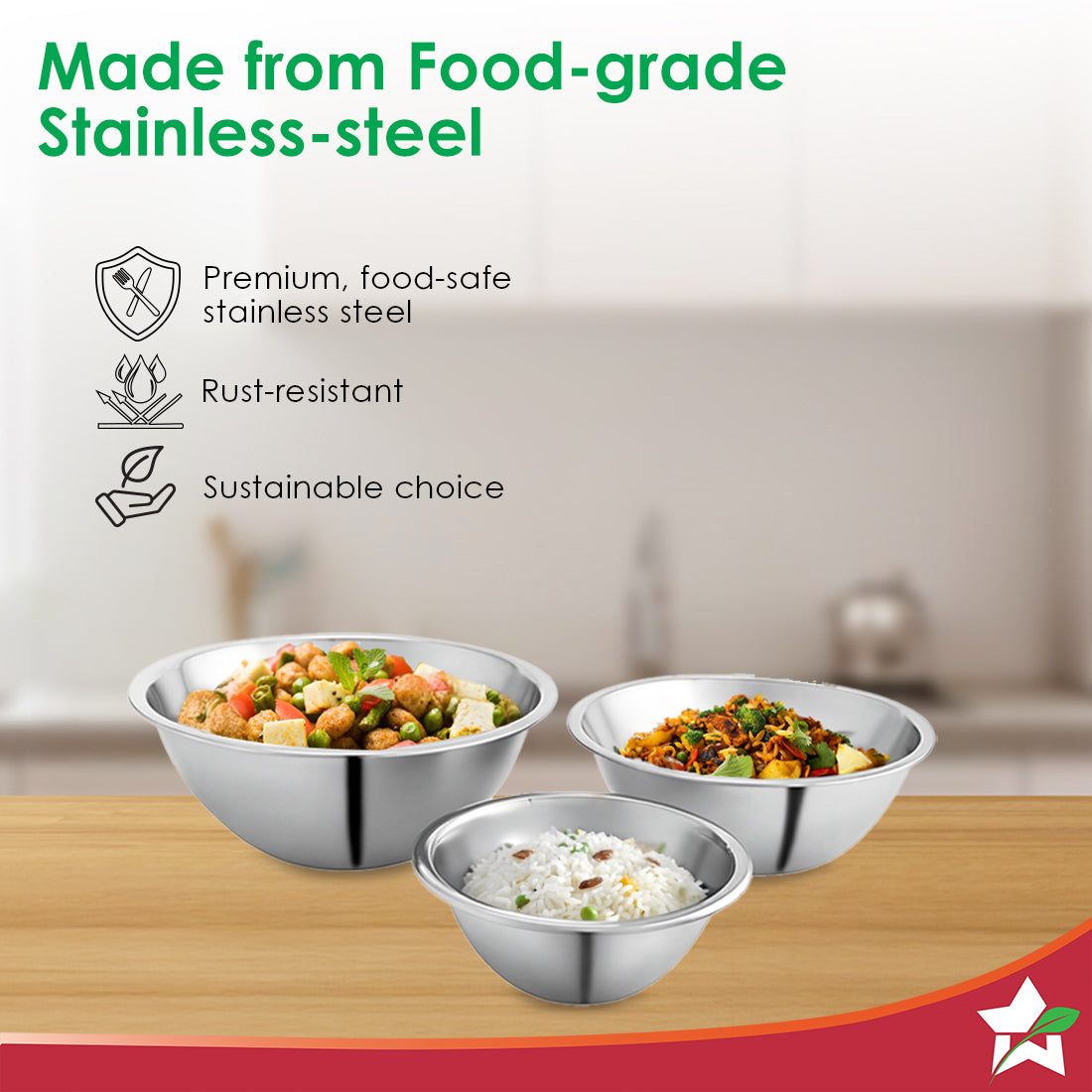 Ambrosia Stainless-steel Mixing Bowl (3 Pcs.) | 17 cm (775ml), 20 cm (1.35 L), 24 cm (2.4 L) | Stackable, Food-grade, Non-corrosive, Sturdy | Use to Mix, Marinate, Serve | 1-year Warranty