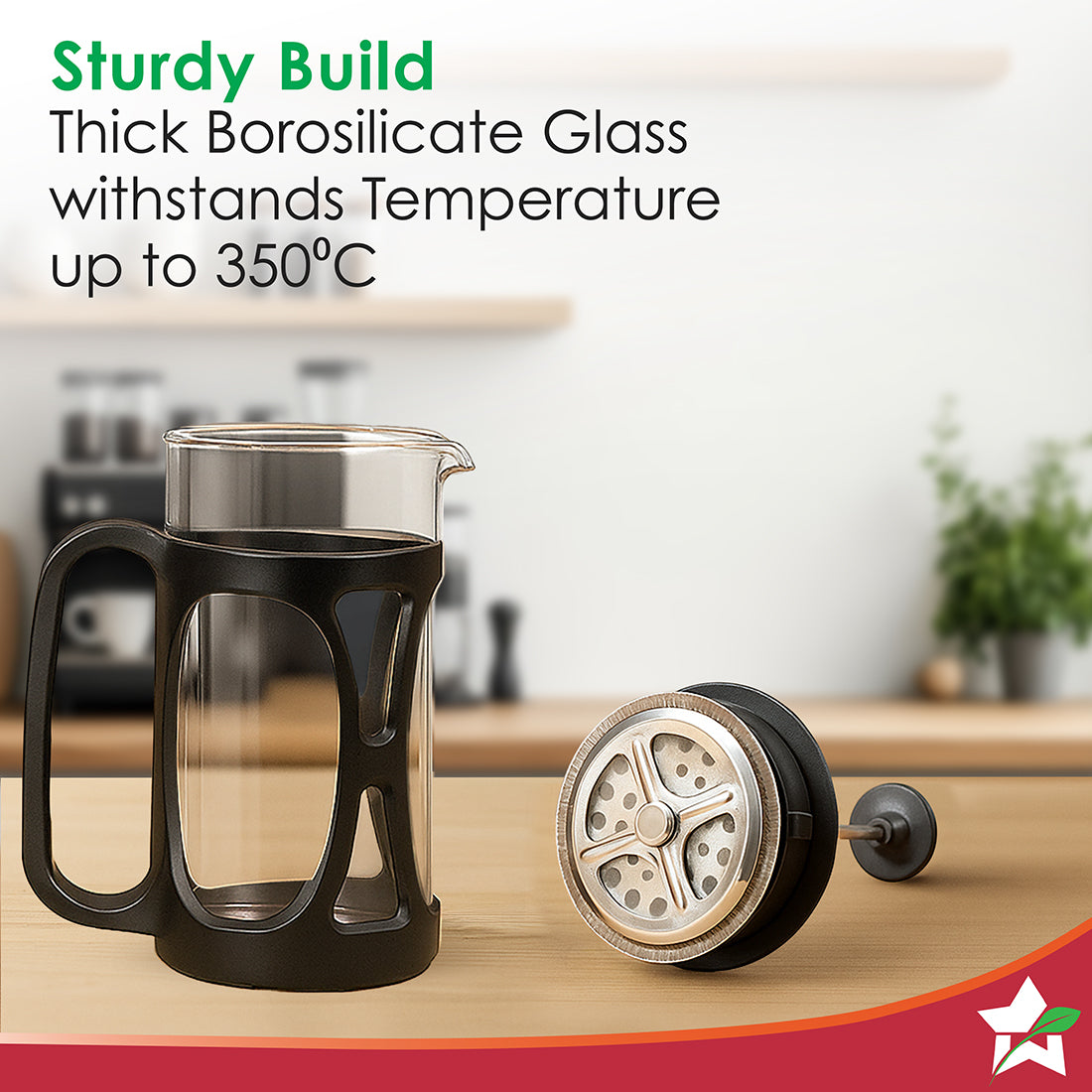 French Press Coffee Maker 600 ml | Heat Resistant Borosilicate Glass Carafe | 18/8 Stainless Steel 4 -Level Strainer System| Brew in 3 Mins | 1 Year Warranty