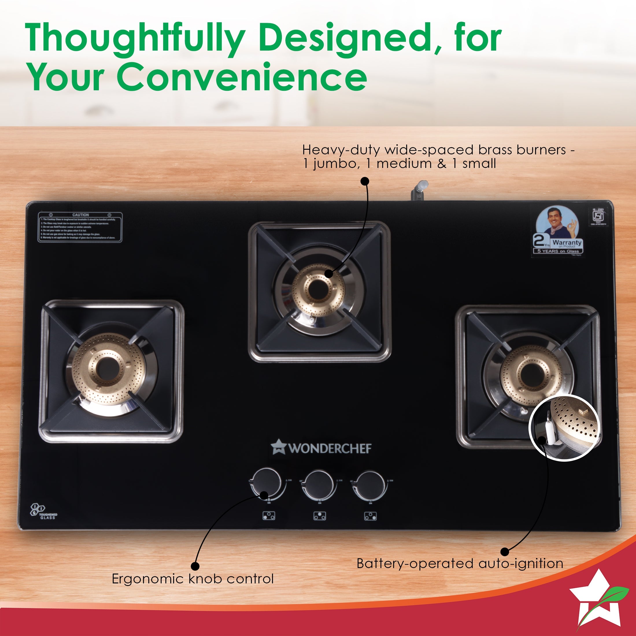 Octavia 3 Burner Glass Hob Top Auto Cooktop | 8mm Toughened Glass | Auto Ignition | Forged Brass Burners | Stainless Steel Drip Tray | Anti-Skid Legs | Large & Heavy Pan support | LPG compatible | Black steel frame | 2 Year Warranty | Black