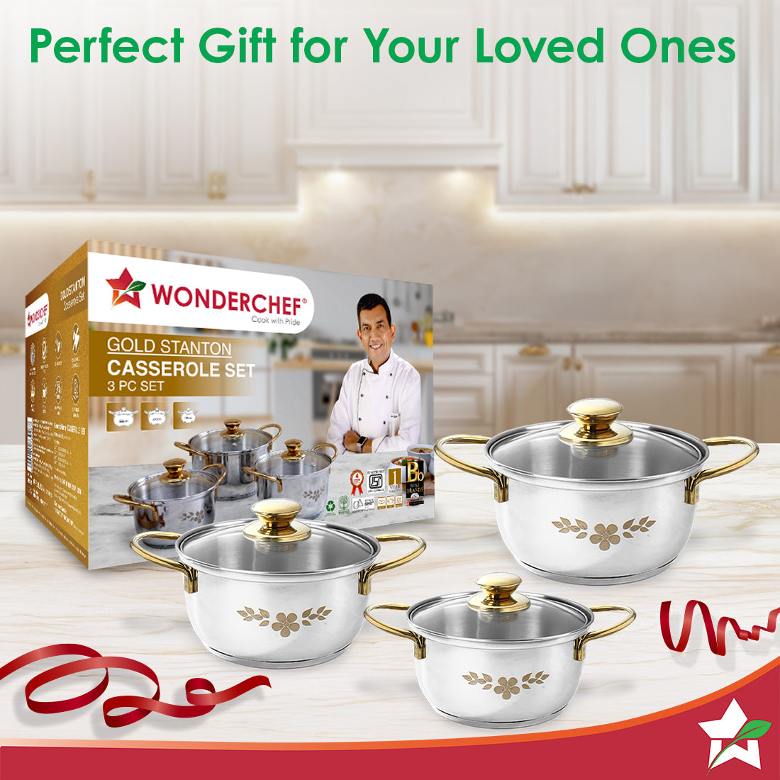 Gold Stanton Stainless Steel 3 piece Casserole Set with Glass Lid | Golden knobs and handles | Induction & Gas Stove friendly | Set of 3 (1.6L, 2.3L, 3.1L) | 1 Year Warranty