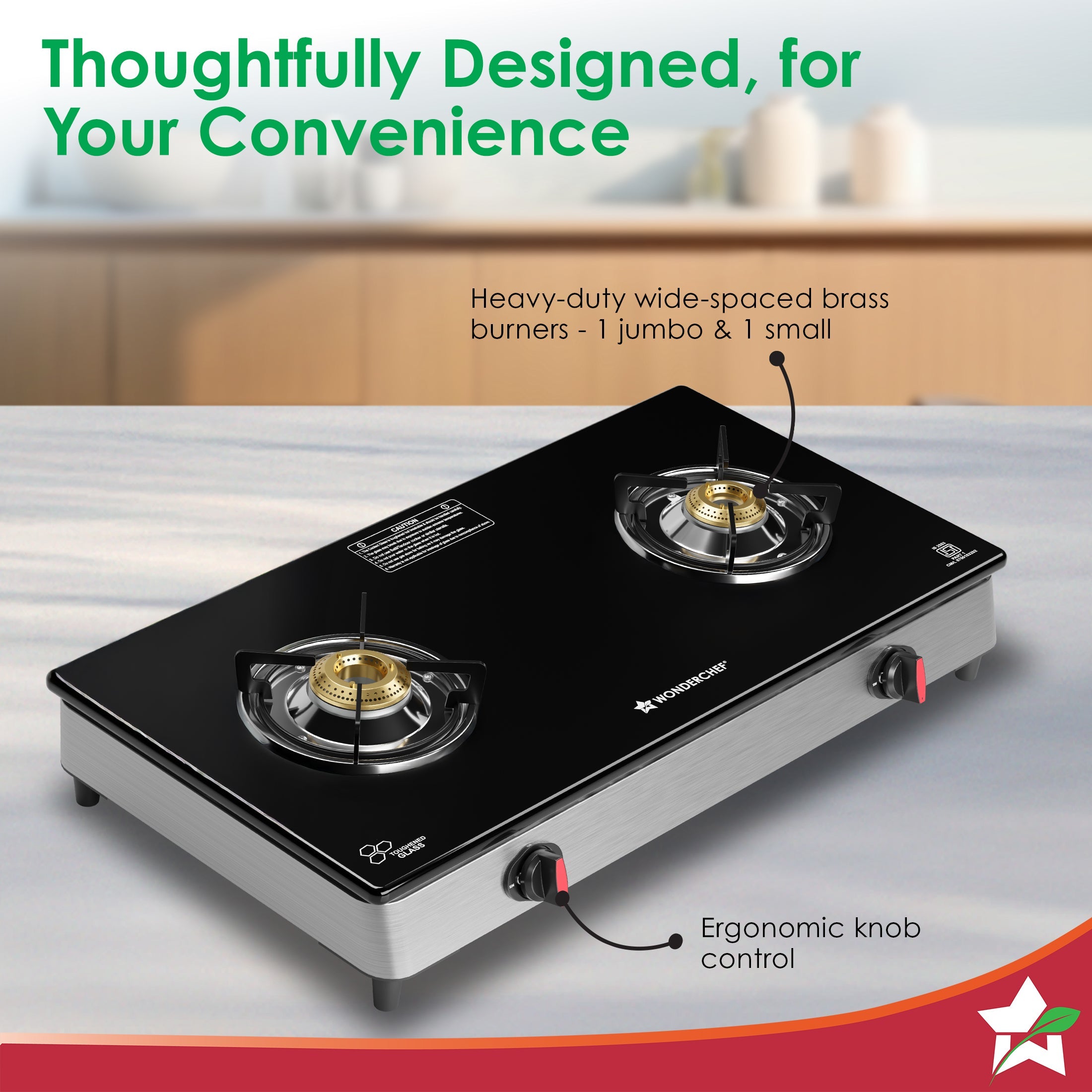 Regal 2 Brass Burner Gas Stove, LPG Gas Stove for Kitchen, ISI Toughened Glass Surface, SS Frame, Spill-proof Design, Ergonomic Knobs, 2-Yr Warranty