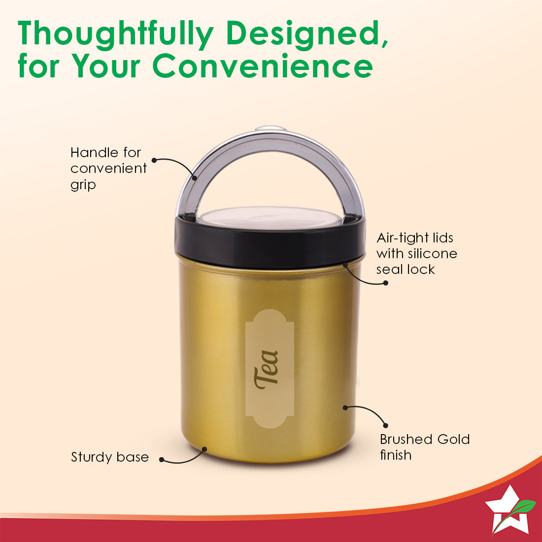 Ambrosia Kitchen Organiser 3 Pc. Set with See-through Lid for Kitchen/Dining Table, Store Tea Coffee Sugar, Airtight Transparent Lid with Silicone Lock Mechanism, 1-Yr Warranty, Gold Finish