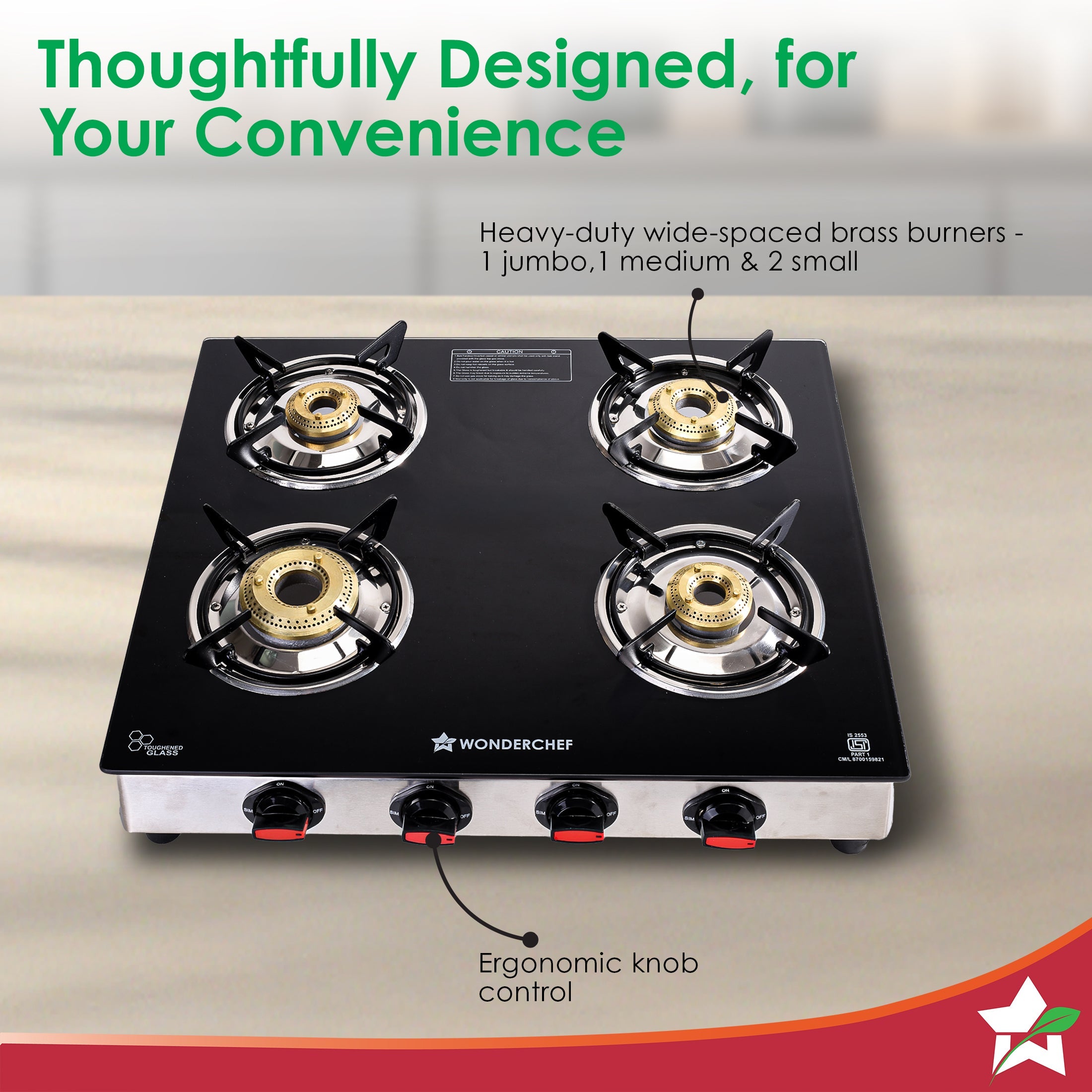 Regal 4 Brass Burner Gas Stove, LPG Gas Stove for Kitchen, ISI Toughened Glass Surface, SS Frame, Spill-proof Design, Ergonomic Knobs, 2-Yr Warranty