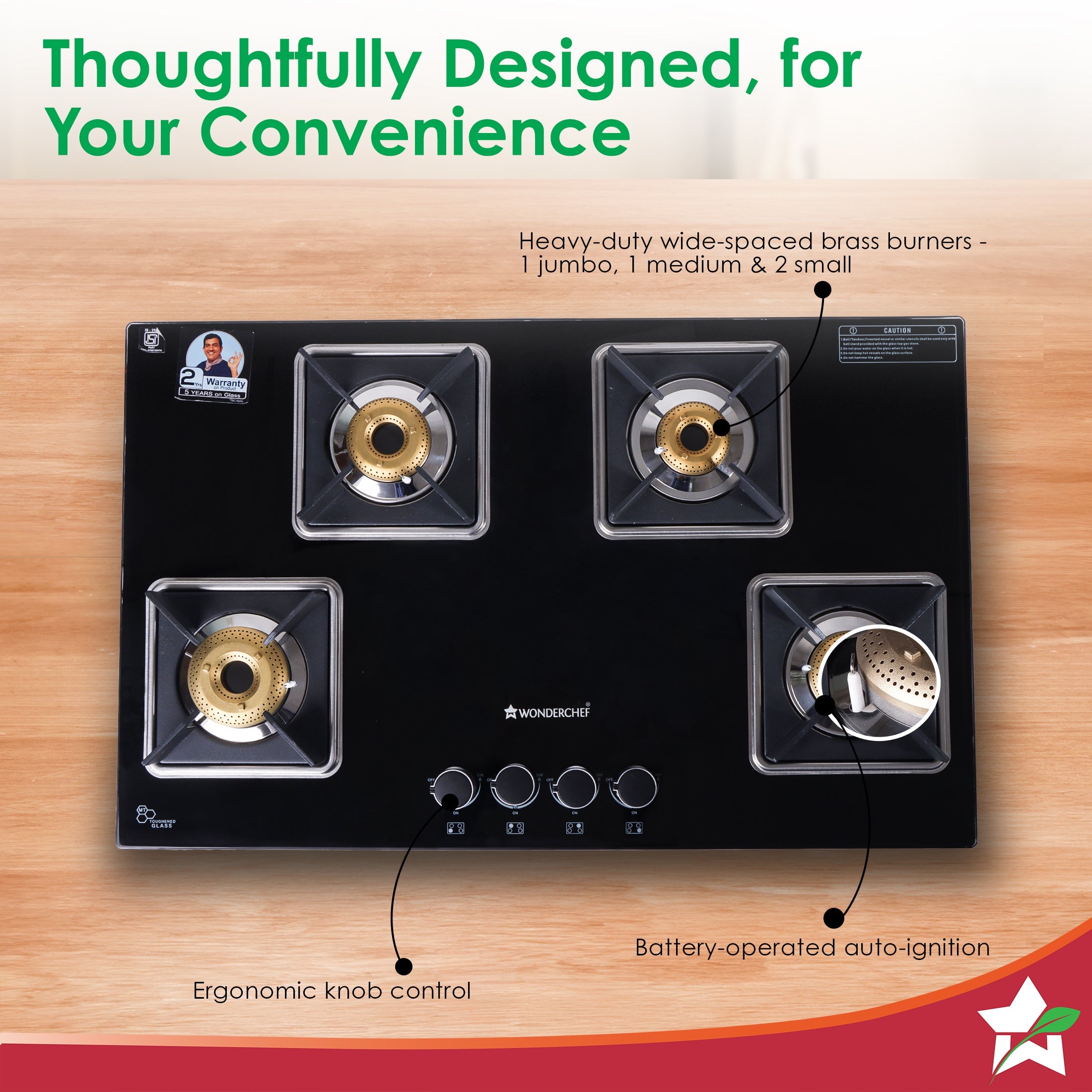 Octavia 4 Burner Glass Hob Top Auto Cooktop | 8mm Toughened Glass | Auto Ignition | Forged Brass Burners | Stainless Steel Drip Tray | Anti-Skid Legs | Large & Heavy Pan support | LPG compatible | Black steel frame | 2 Year Warranty | Black