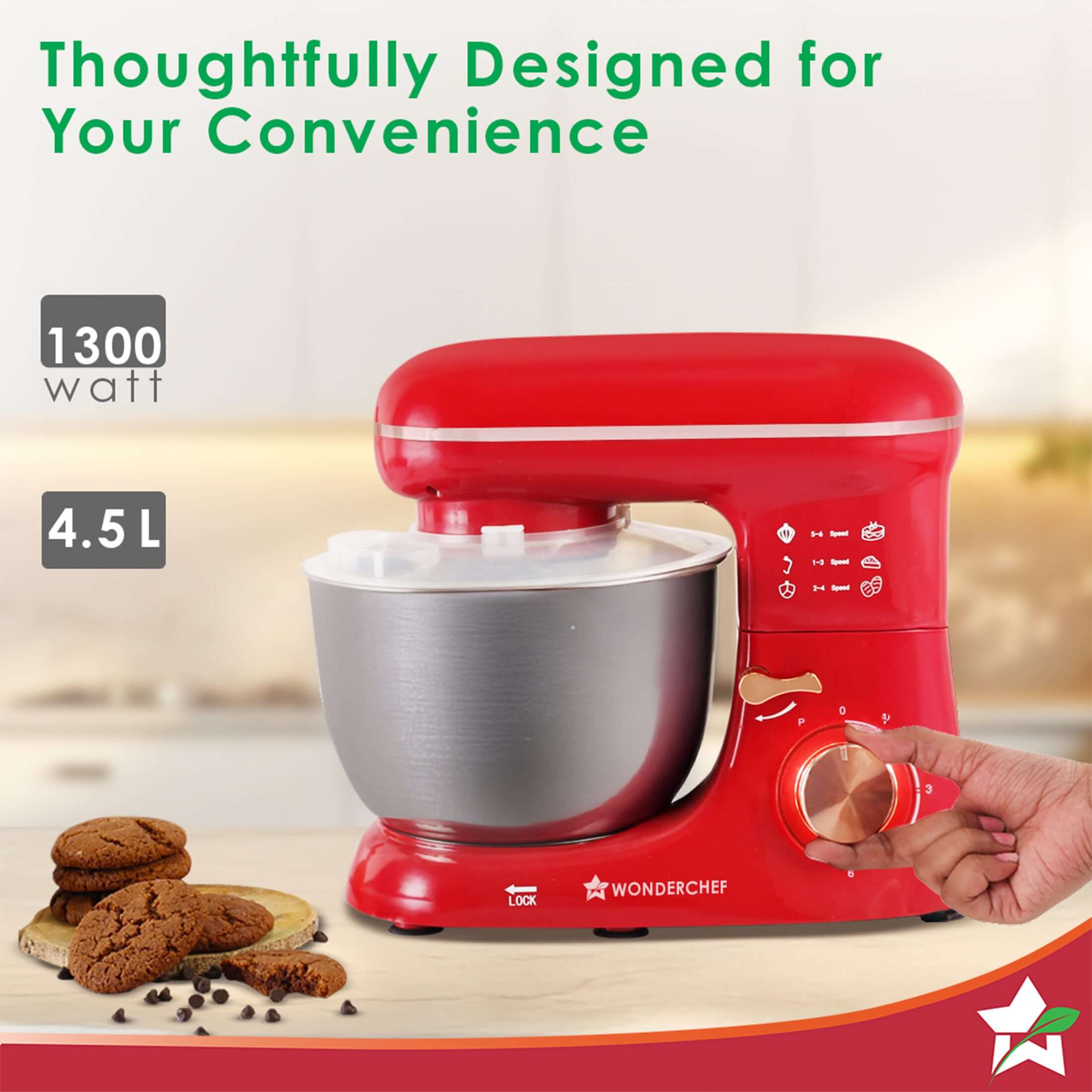 Regalia Stand Mixer | 4.5L Stainless-steel Bowl | Whisk, Whip, Beat, Mix | For Cake & Pizza Doughs, Creams, Salad Dressings, Egg Whites/Yolks | 6-speed Setting | 3 Attachments | 2-year Warranty