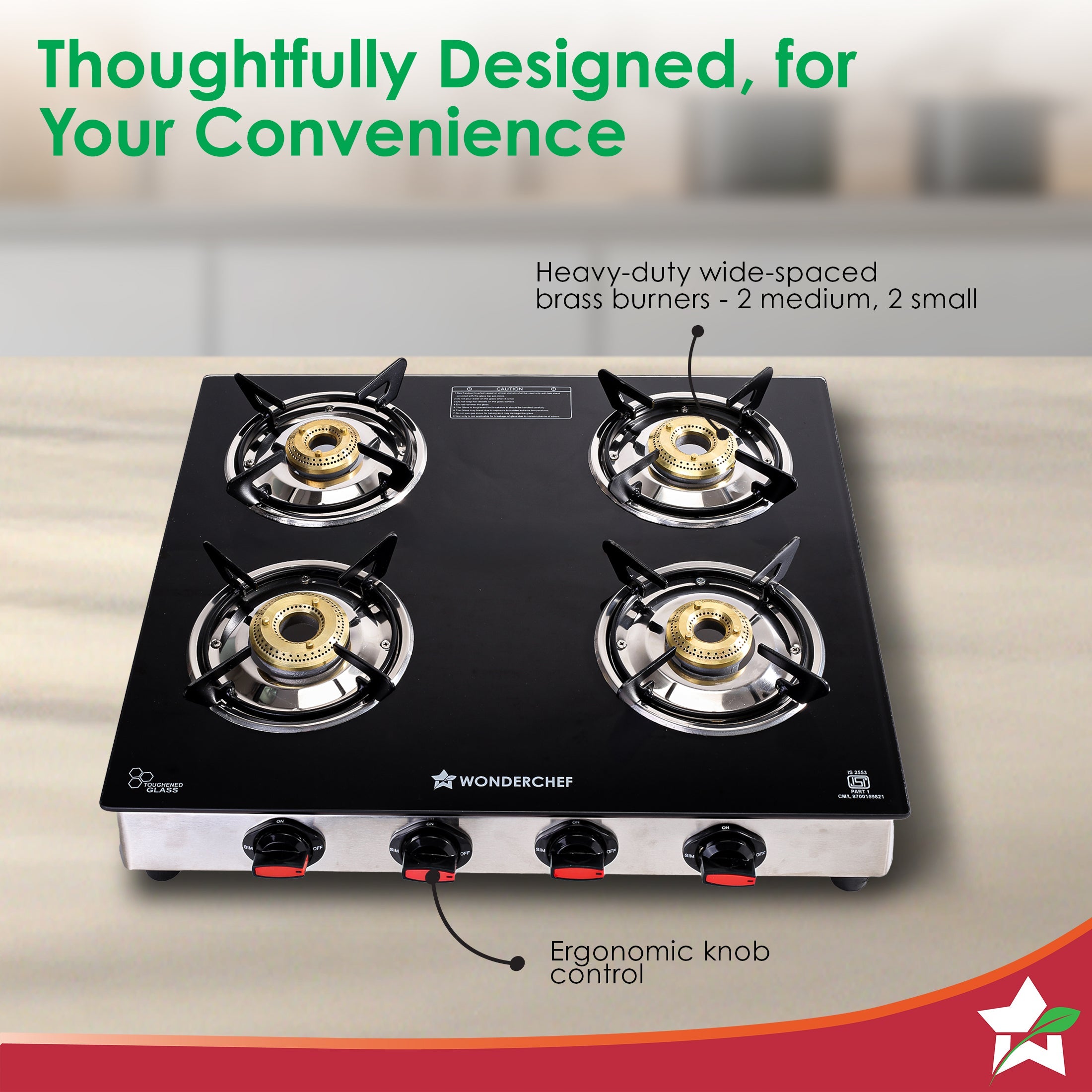 Galaxy Auto-Ignition 4 Brass Burner Gas Stove, LPG Gas Stove for Kitchen, No Lighter Needed, ISI Toughened Glass Surface, SS Frame, Spill-proof Design, Ergonomic Knobs, 2-Yr Warranty