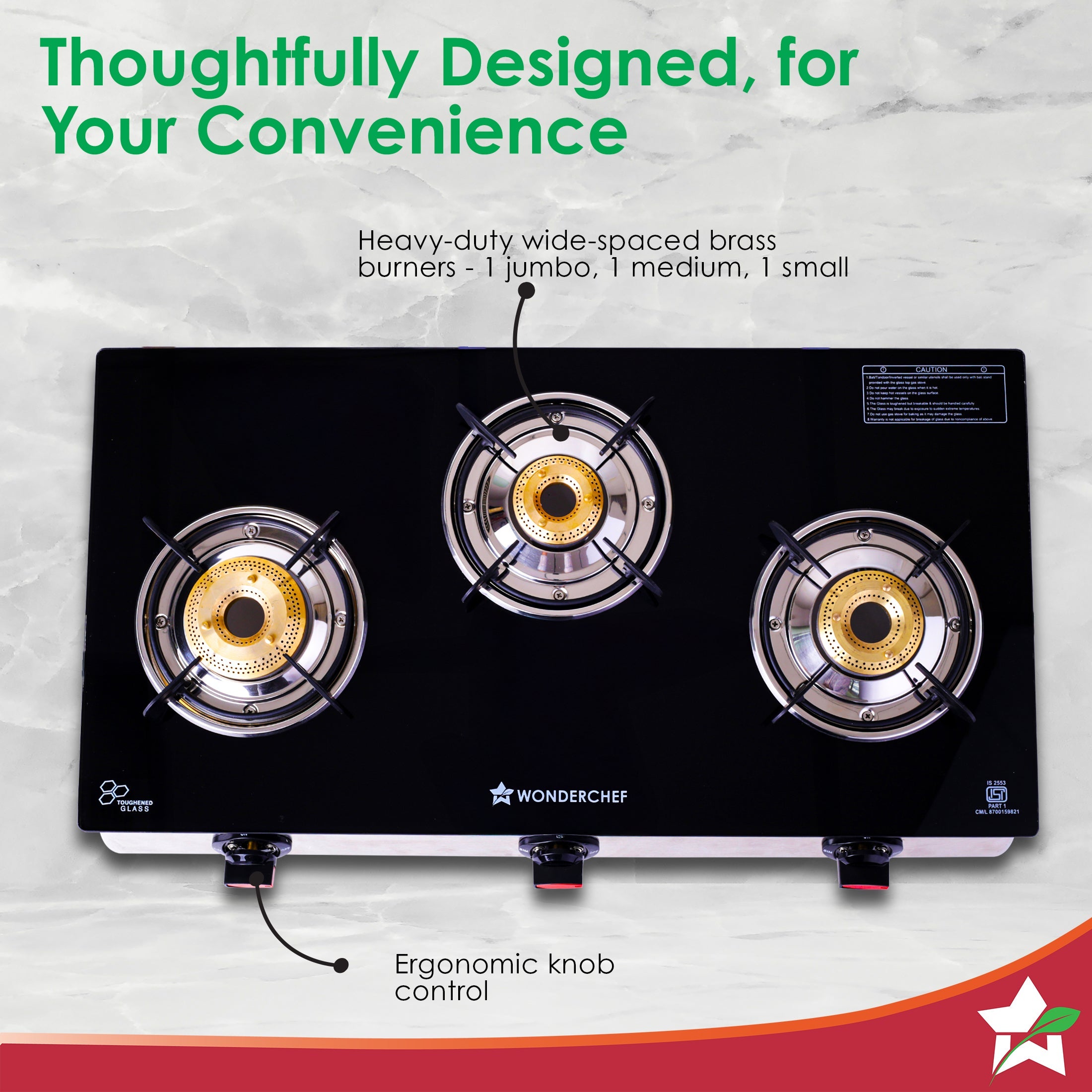 Regal 3 Brass Burner Gas Stove, LPG Gas Stove for Kitchen, ISI Toughened Glass Surface, SS Frame, Spill-proof Design, Ergonomic Knobs, 2-Yr Warranty