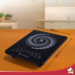Swift Induction Cooktop with 8 Power Settings|2200 Watt Induction Cooktop| Pre-set Menus for Soups, Curries, Dals, Saute Masala|Crystal Glass Top Surface| LCD Digital Panel | Smart Touch Buttons|Compact & Portable Induction Cooktop| 1 Year Warranty