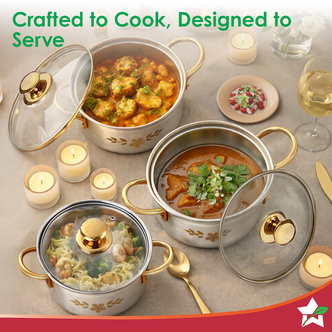 Gold Stanton Stainless Steel 3 piece Casserole Set with Glass Lid | Golden knobs and handles | Induction & Gas Stove friendly | Set of 3 (1.6L, 2.3L, 3.1L) | 1 Year Warranty