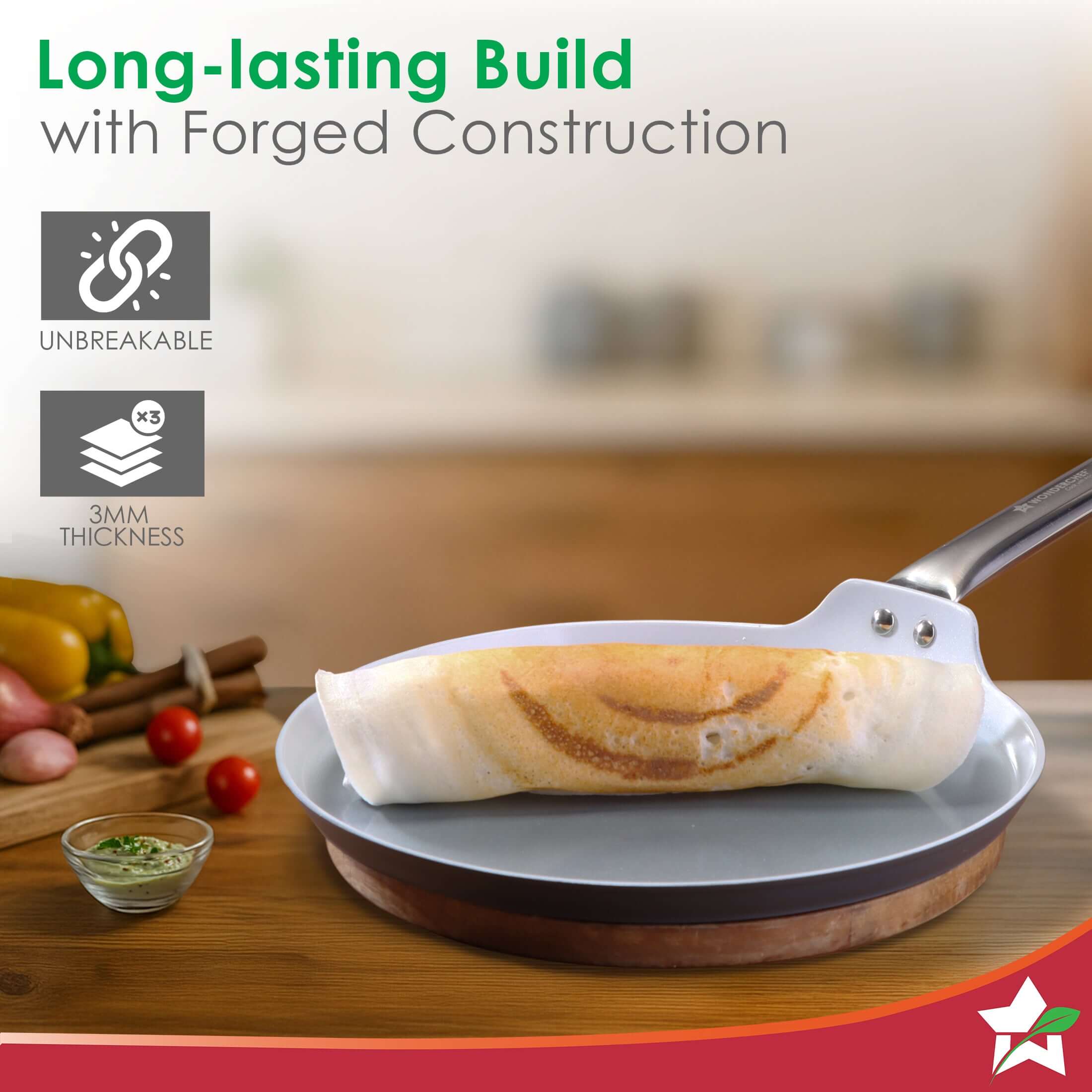 Eco-Glide Ceramic Dosa Tawa 28cm, Non-Toxic, Chemical & PFOA Free, Low Oil Cooking, Scratch-resistant, Stainless-steel Handle, Gas & Induction Compatible, 2-Year Warranty, Grey