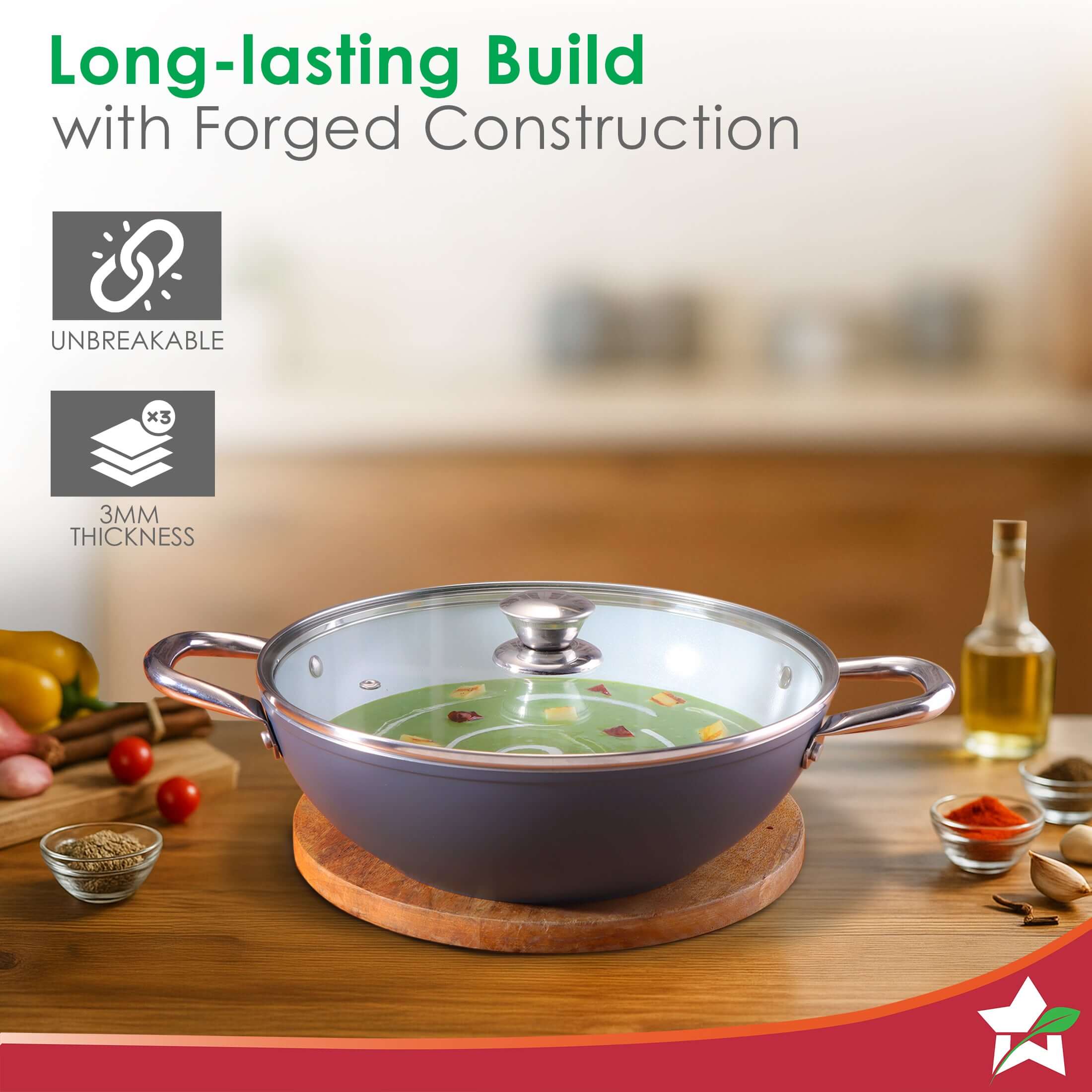 Eco-Glide Ceramic Kadhai 28cm with Glass Lid, 4.3Litre Non-toxic, Chemical Free, Low Oil Cooking, Scratch-resistant, Stainless-steel Handle, Gas+Induction Compatible, 2-Year Warranty, Grey