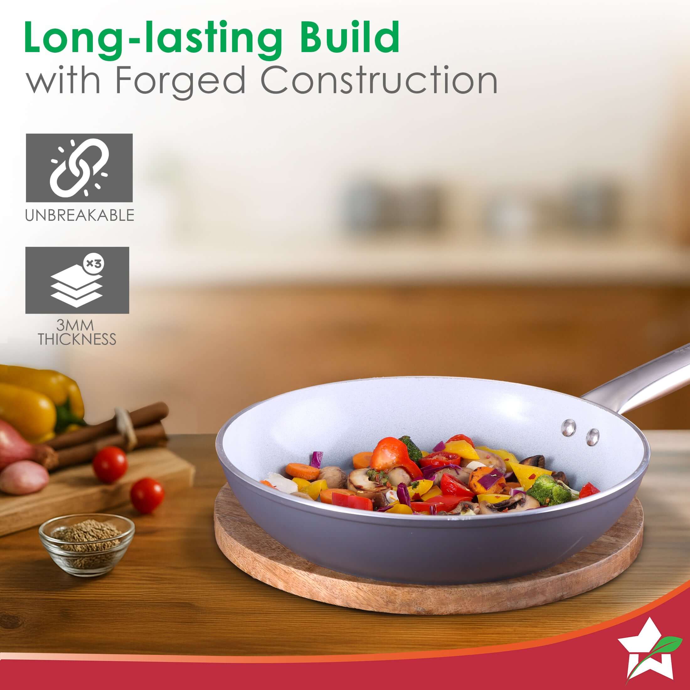 Eco-Glide Ceramic Fry Pan 24cm, 1.8 Litre Non-Toxic, Chemical & PFOA Free, Low Oil Cooking, Scratch-resistant, Stainless-steel Handle, Gas & Induction Compatible, 2-Year Warranty, Grey