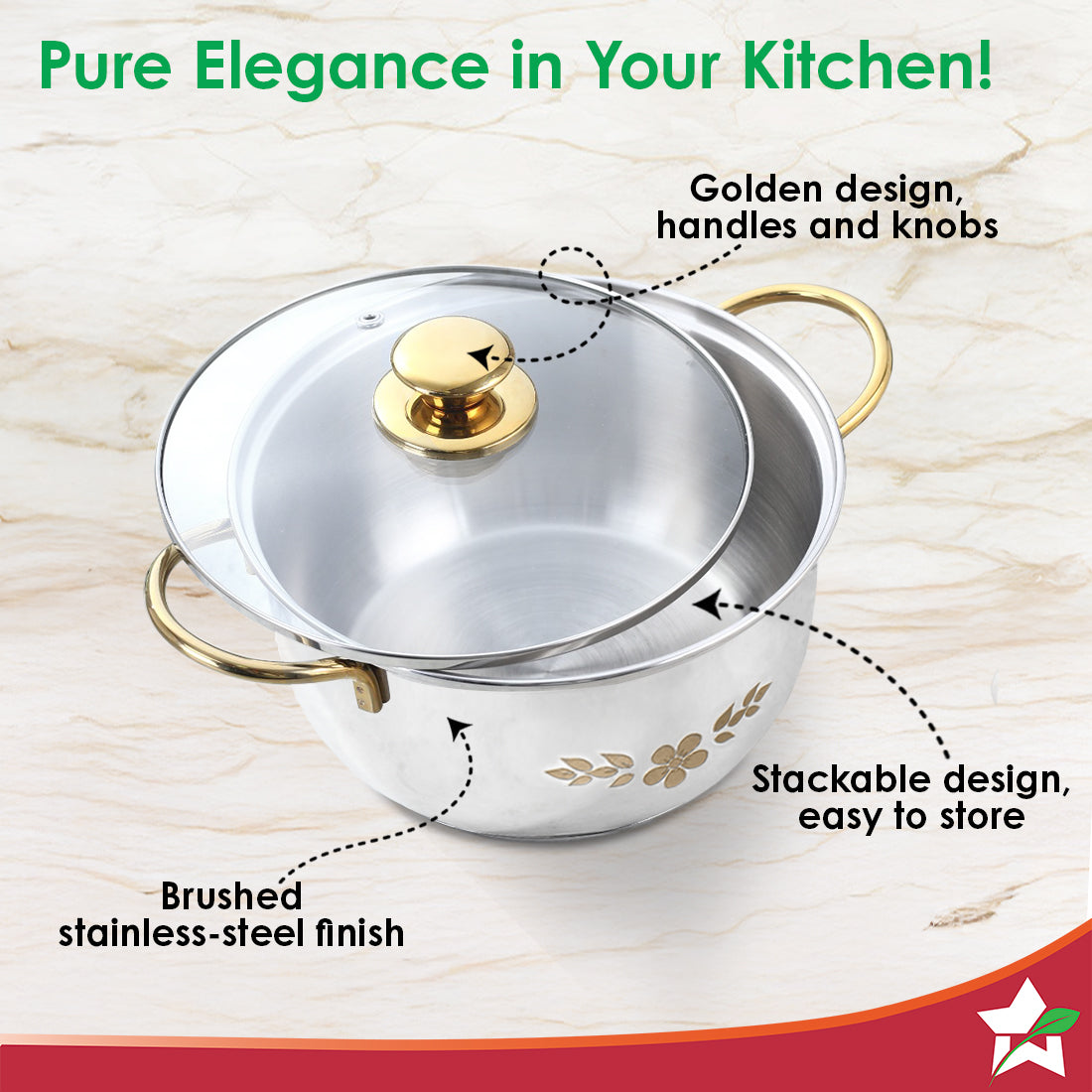 Gold Stanton Stainless Steel 3 piece Casserole Set with Glass Lid | Golden knobs and handles | Induction & Gas Stove friendly | Set of 3 (1.6L, 2.3L, 3.1L) | 1 Year Warranty