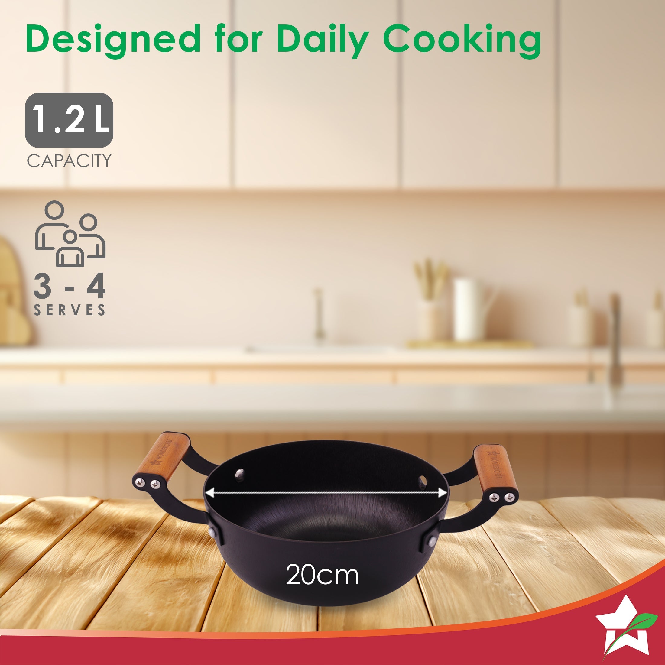 Ferro Light-weight Cast-iron Kadhai | 20cm | Pre-seasoned with 100% Vegetable Oil | 40% Lighter than Regular Cast-iron Cookware | Cool-touch Real Acacia Wood Handles | 10-Year Warranty