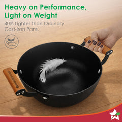 Ferro Light-weight Cast-iron Kadhai | 20cm | Pre-seasoned with 100% Vegetable Oil | 40% Lighter than Regular Cast-iron Cookware | Cool-touch Real Acacia Wood Handles | 10-Year Warranty