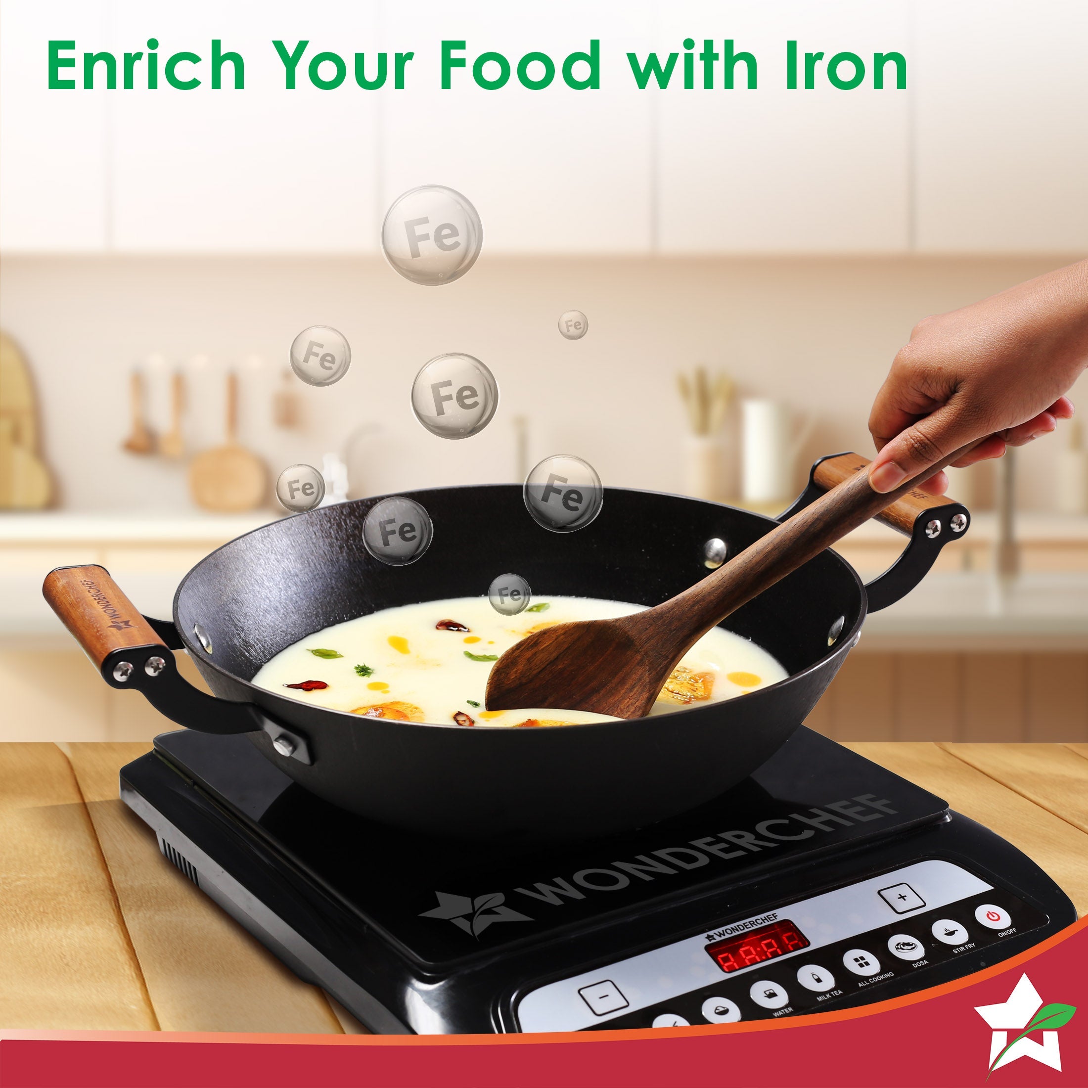 Ferro Light-weight Cast-iron Kadhai | 20cm | Pre-seasoned with 100% Vegetable Oil | 40% Lighter than Regular Cast-iron Cookware | Cool-touch Real Acacia Wood Handles | 10-Year Warranty