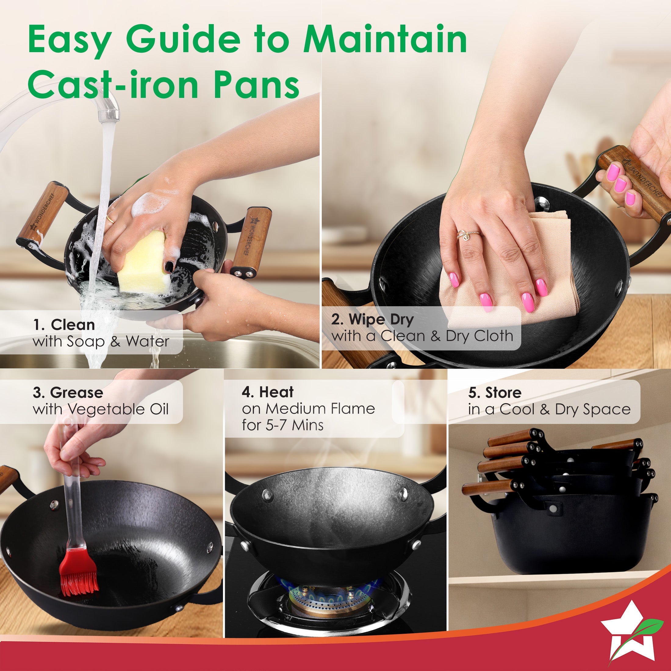 Ferro Light-weight Cast-iron Kadhai | 20cm | Pre-seasoned with 100% Vegetable Oil | 40% Lighter than Regular Cast-iron Cookware | Cool-touch Real Acacia Wood Handles | 10-Year Warranty