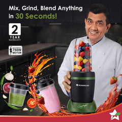 Nutri-Blend Turbo 750W Mixer Grinder Blender Smoothie Maker, 22000 RPM, 3 Jars, Stainless-Steel Blades, Sipper Jar & Lid, 2-Yr Warranty, FREE Recipe Book by Chef Sanjeev Kapoor, Black & Green