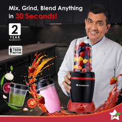Nutri-Blend Turbo 750W Mixer Grinder Blender Smoothie Maker, 22000 RPM, 3 Jars, Stainless-Steel Blades, Sipper Jar & Lid, 2-Yr Warranty, FREE Recipe Book by Chef Sanjeev Kapoor, Black & Red