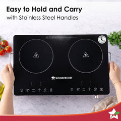 Evita Duo Infrared Electric Cooktop with Crystal Glass Surface, 2 Burners, 1600W/2000W, Led Display, Compatible with Steel,Ceramic,Cast-iron,Aluminium Cookware, Auto Cut-off, 2-Yr Warranty