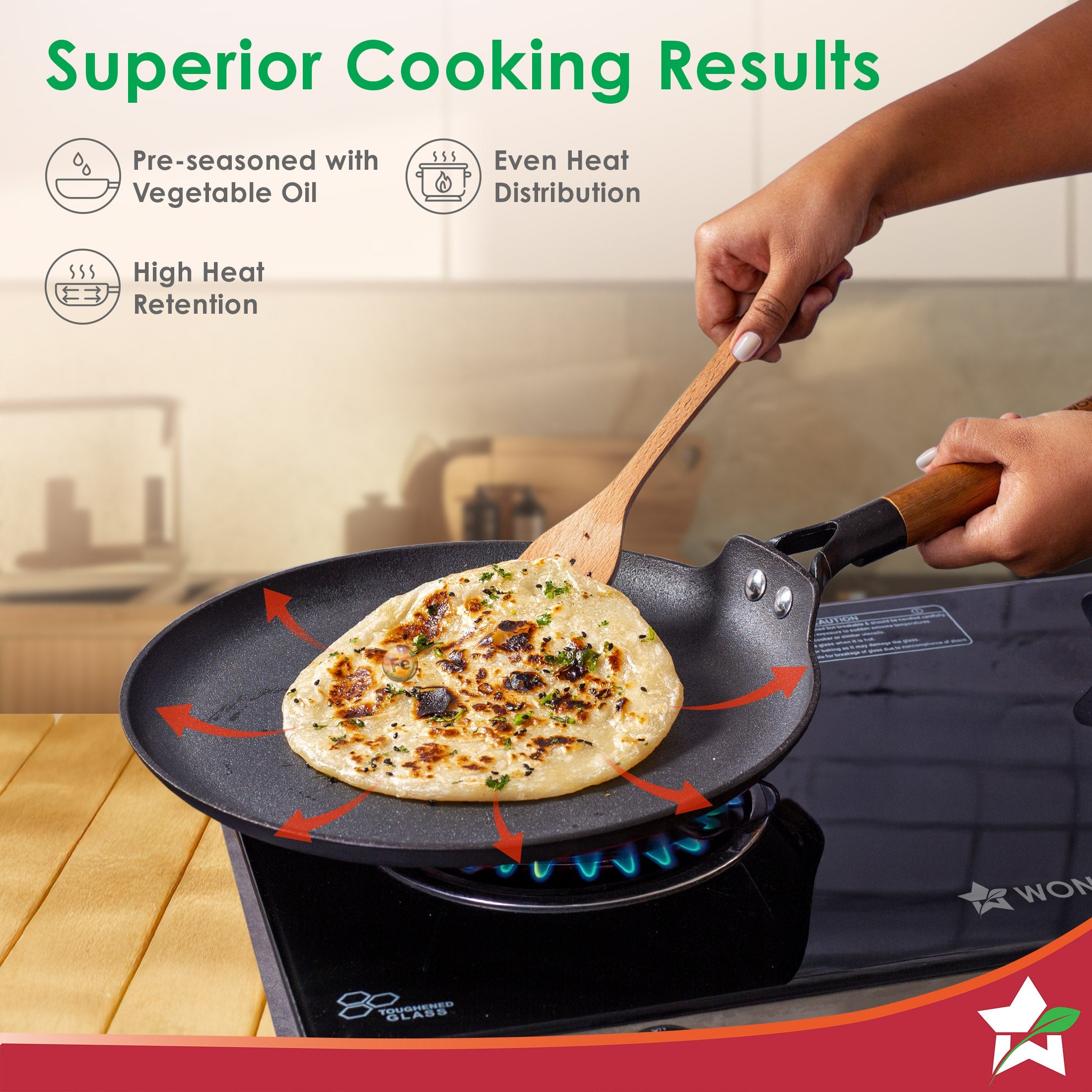 Pre-Seasoned Ferro Light 28cm Dosa Tawa | 4MM | Acacia Wooden Handles | Gravity Moulding Technology | No Chemical Coating |10 Year Warranty