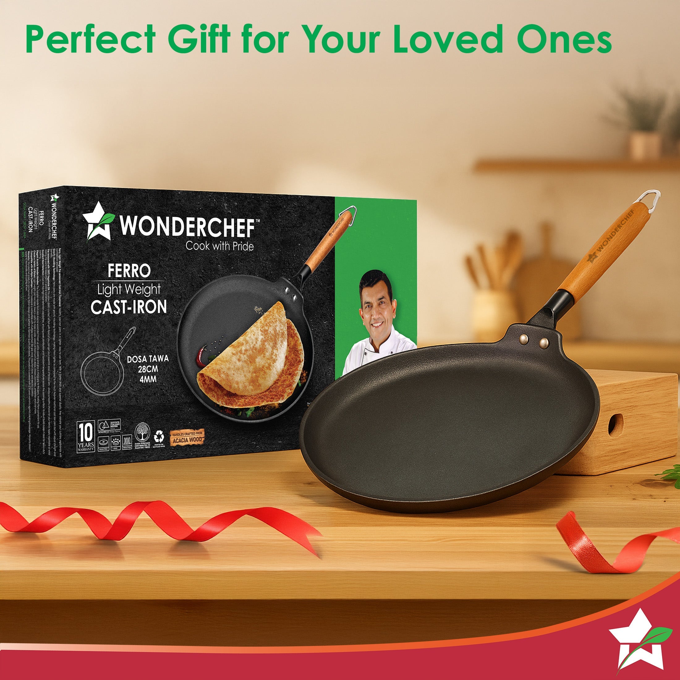 Pre-Seasoned Ferro Light 28cm Dosa Tawa | 4MM | Acacia Wooden Handles | Gravity Moulding Technology | No Chemical Coating |10 Year Warranty