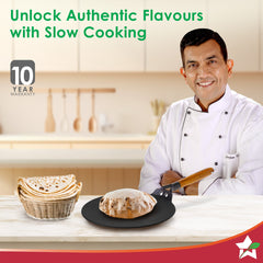 Ferro Light-weight Cast-iron Roti Tawa | 26cm | Pre-seasoned with 100% Vegetable Oil | 40% Lighter than Regular Cast-iron Cookware | Cool-touch Real Acacia Wood Handles | 10-Year Warranty