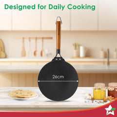 Ferro Light-weight Cast-iron Roti Tawa | 26cm | Pre-seasoned with 100% Vegetable Oil | 40% Lighter than Regular Cast-iron Cookware | Cool-touch Real Acacia Wood Handles | 10-Year Warranty